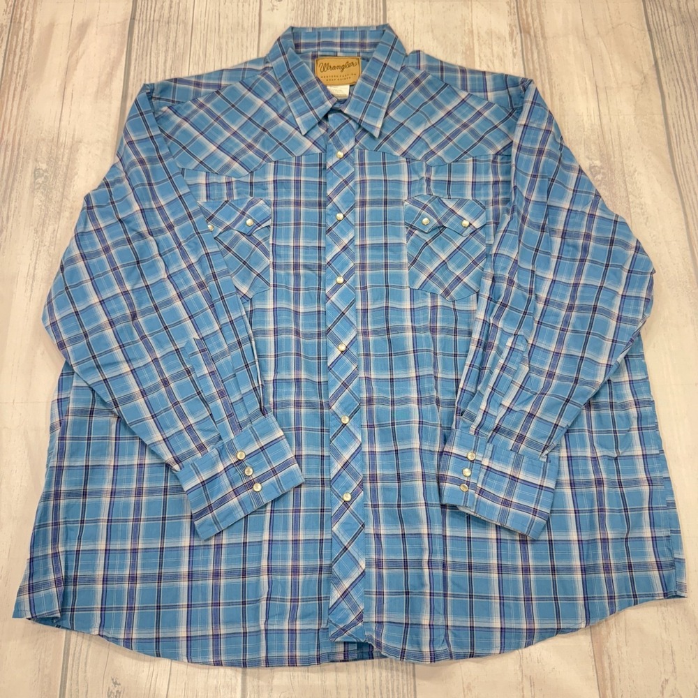 Wrangler Western Pearl Snap Shirt 3XL Blue Plaid Cowboy Big Grande Mens